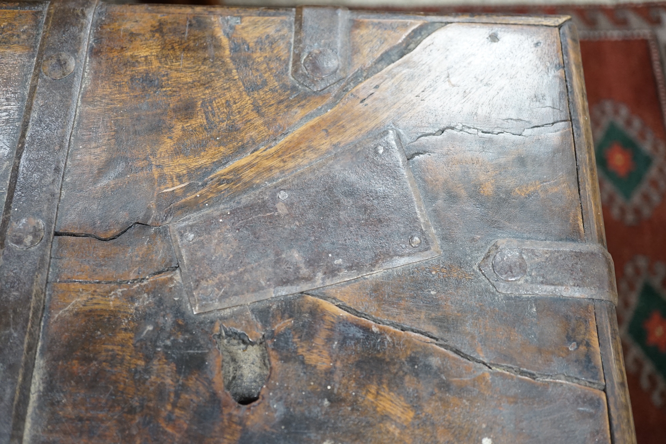 A 19th century Indian iron bound hardwood trunk, width 99cm, depth 64cm, height 70cm